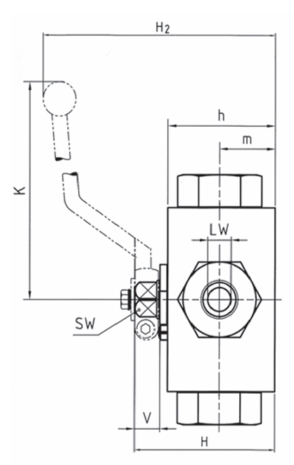 Hochdruck 4-Wege Blockkugelhahn IG G 3/4" DN 20 PN 315 bar mit T-Bohrung Stahl Zink/Eisen 