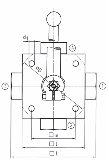 Hochdruck 4-Wege Blockkugelhahn IG G 1/4" DN 6 PN 500 bar mit Doppel L-Bohrung Stahl Zink/Nickel