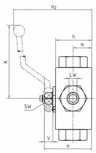 Hochdruck 4-Wege Blockkugelhahn IG G 1/4" DN 6 PN 500 bar mit Doppel L-Bohrung Stahl Zink/Nickel