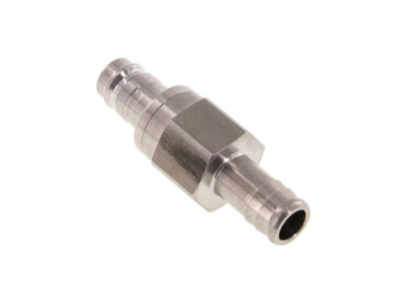 Kupplungsstecker beidseits absperrend mit Schlauchtülle 9 mm NW 10 Edelstahl 1,4305
